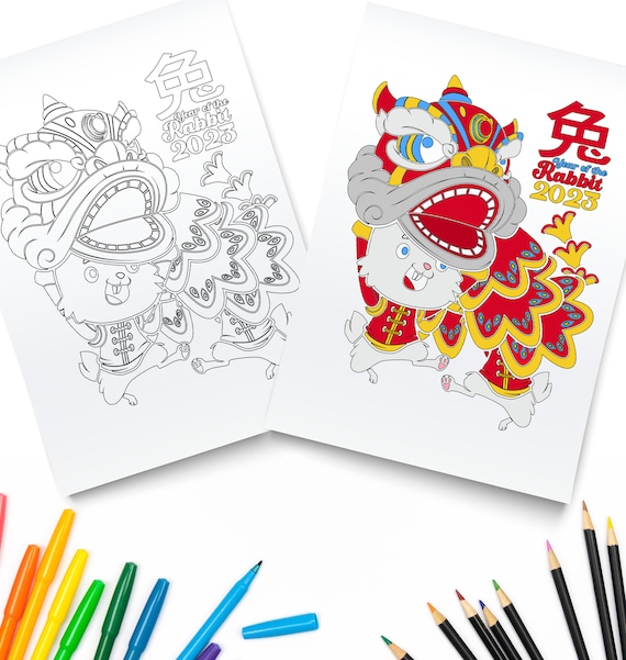 Year of the rabbit printable coloring chinese new year downloadable bunny digital download lunar new year coloring page