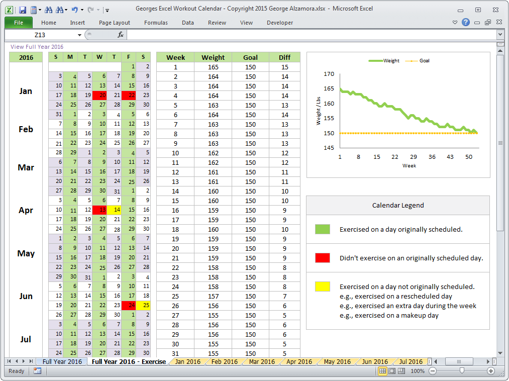 Georges excel workout calendar year spreadsheet â
