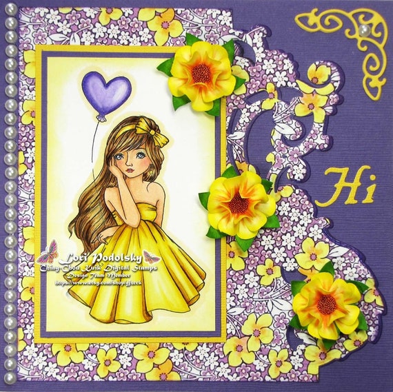 Purple balloon instant download digital stamp coloring page heart shape valentine bow girl fantasy art by ching