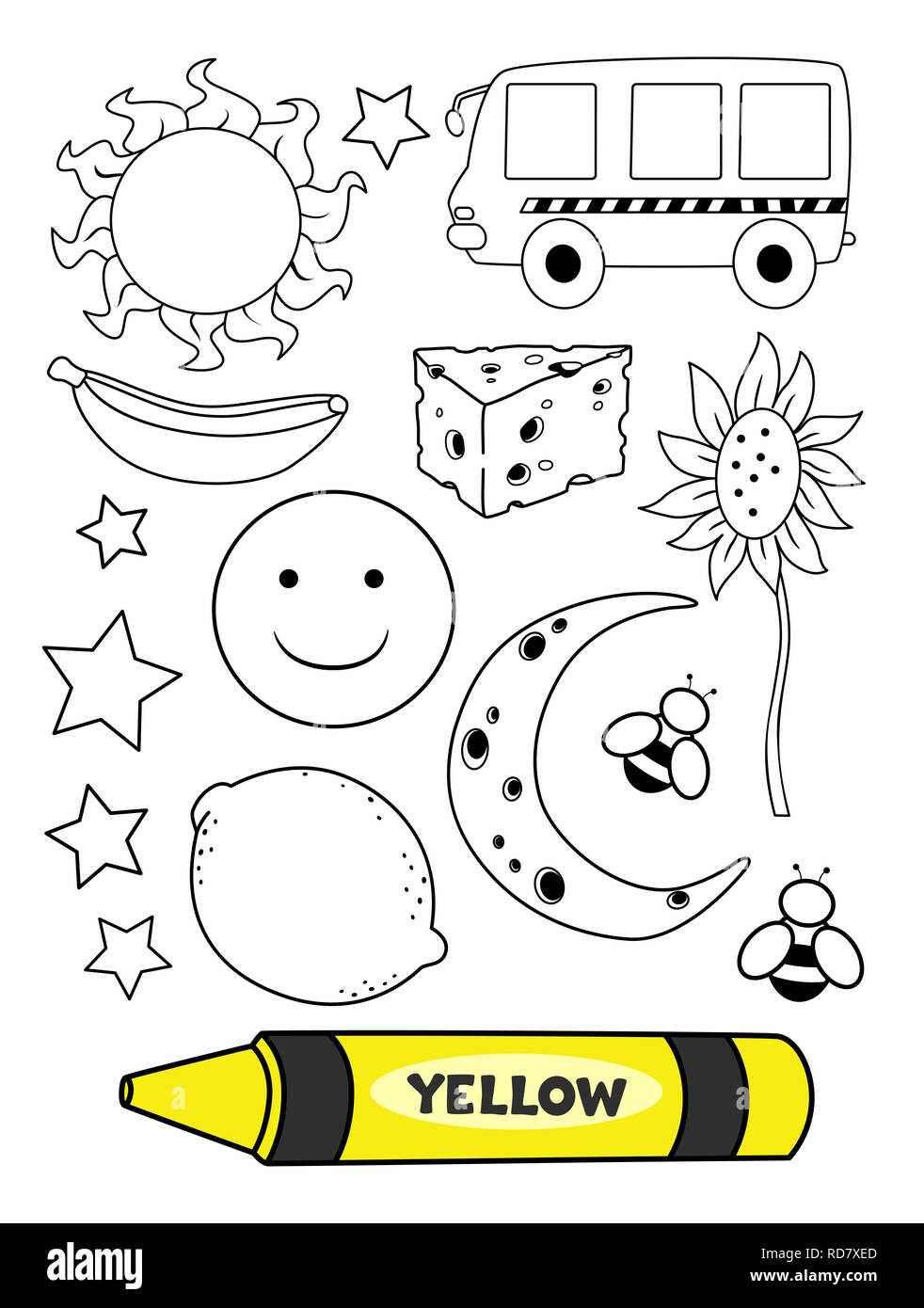 Illustration of a yellow crayon with yellow colored elements in a coloring page stock photo