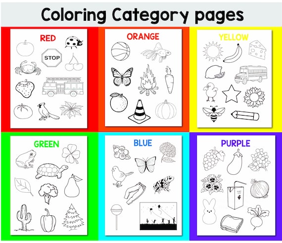Color by category coloring pages red object coloring page orange coloring page yellow objects green coloring page blue and purple color