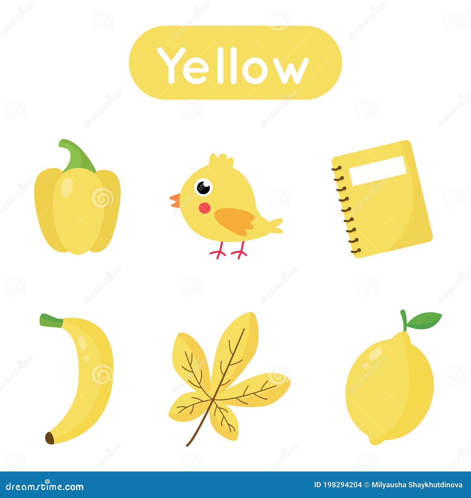 Flash cards with objects in yellow color educational printable worksheet stock vector