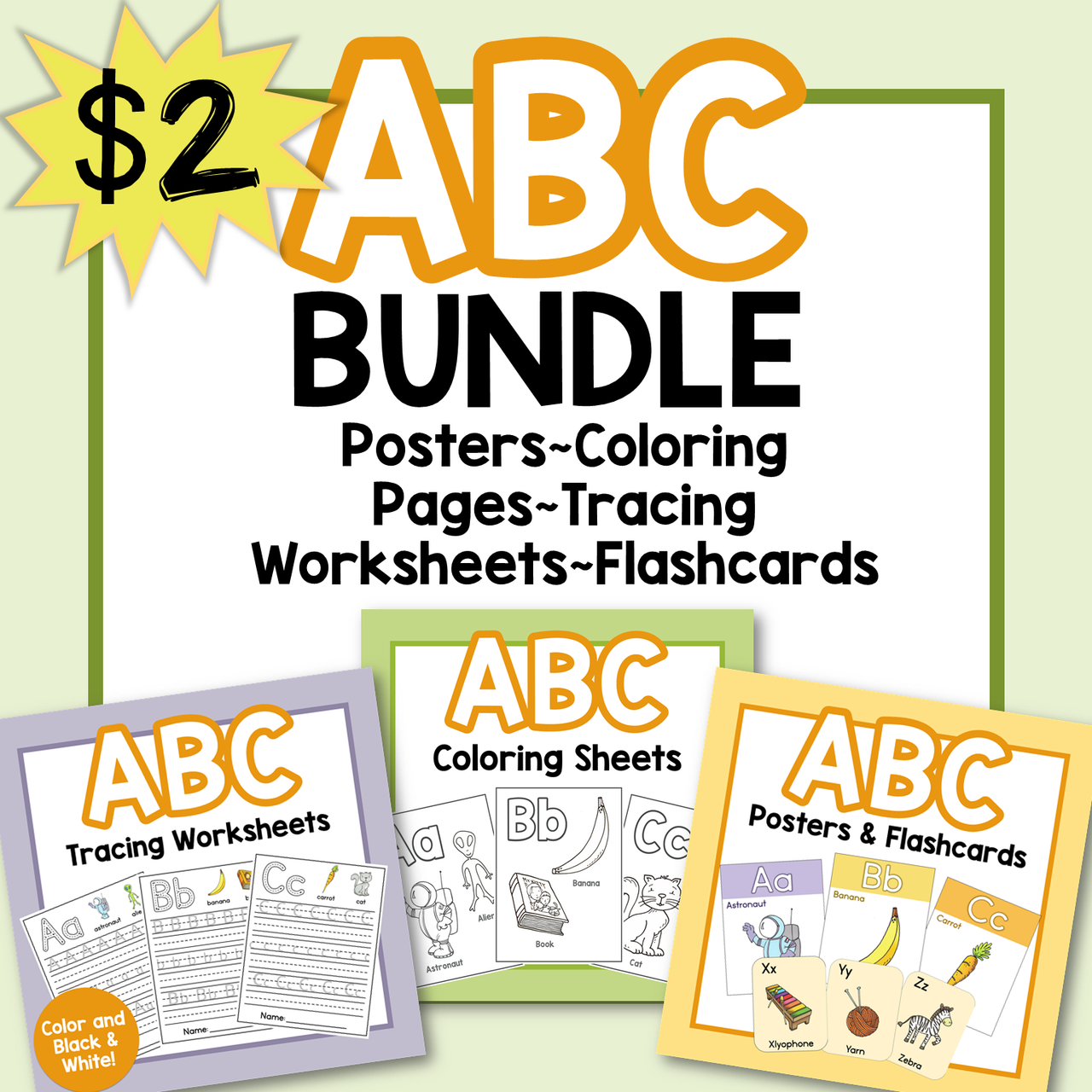 Abc alphabet bundle worksheetsposterscoloring pagesflashcards