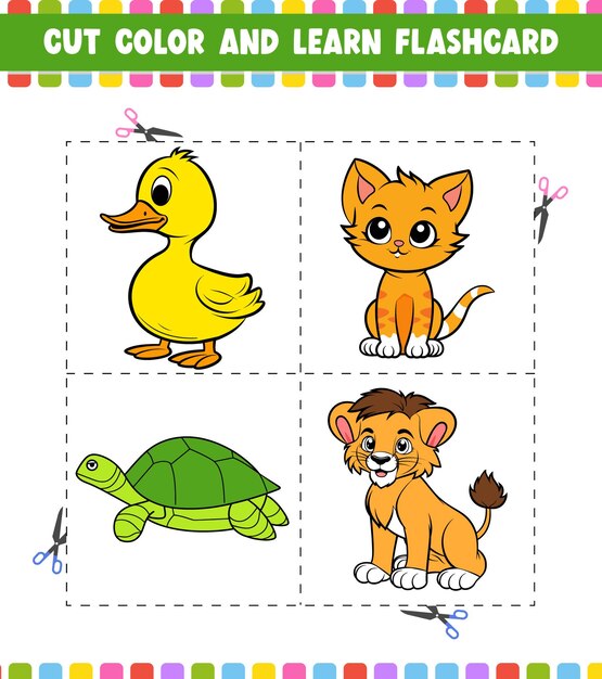 Premium vector cut color and learn flashcard activity coloring book for kids with cute cartoon character animal