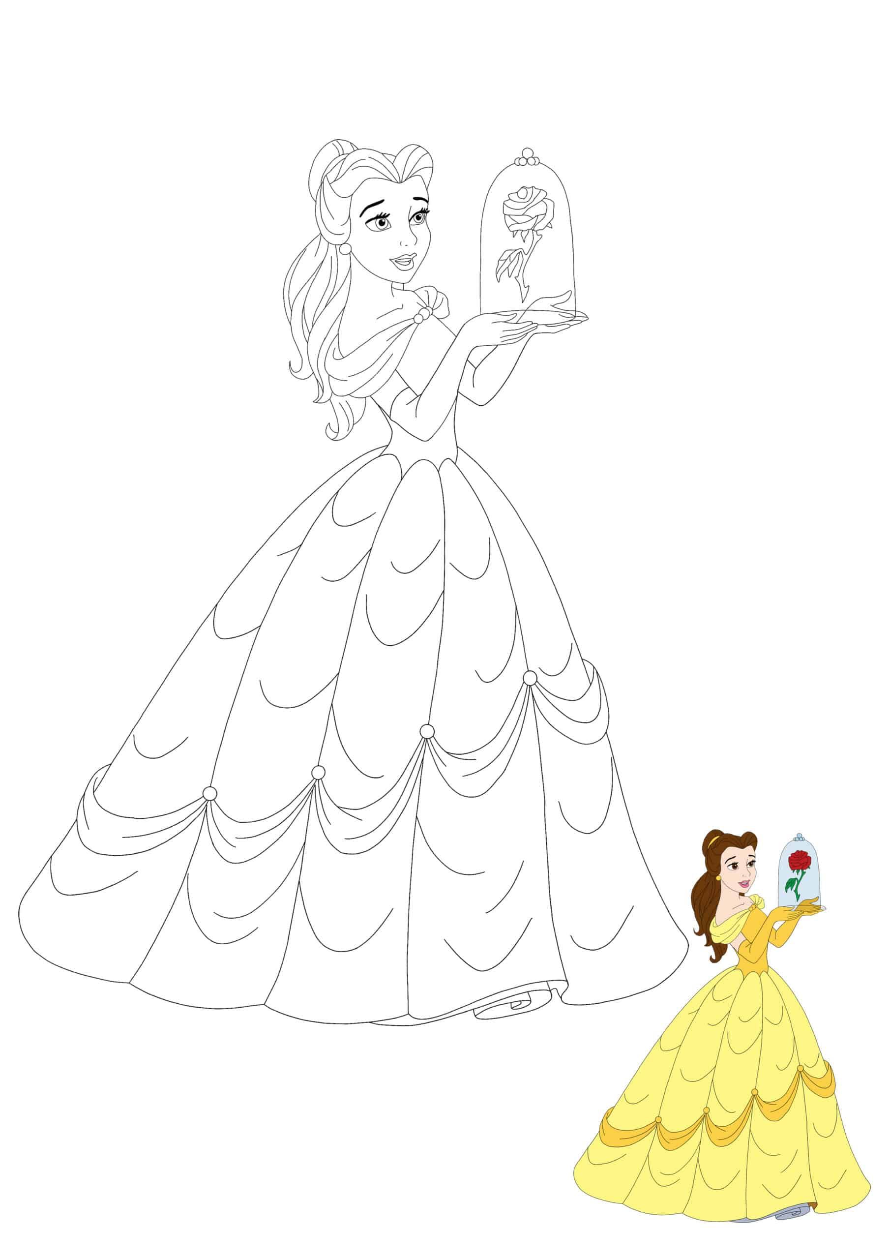 Princess belle with rose coloring pages