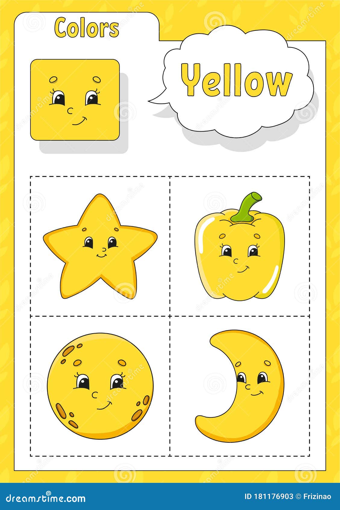 Learning colors yellow color flashcard for kids cute cartoon characters picture set for preschoolers education worksheet stock vector