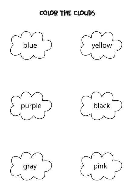 Premium vector read the names of colors and color black and white clouds coloring page for kids