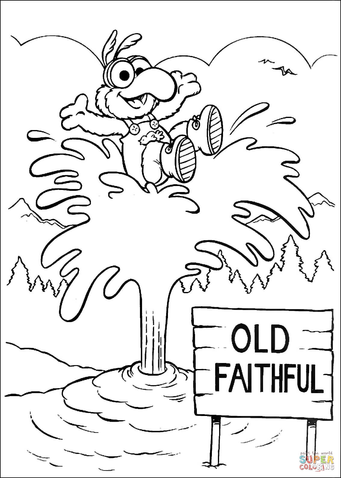 Baby gonzo at old faithful geyser in yellowstone coloring page free printable coloring pages