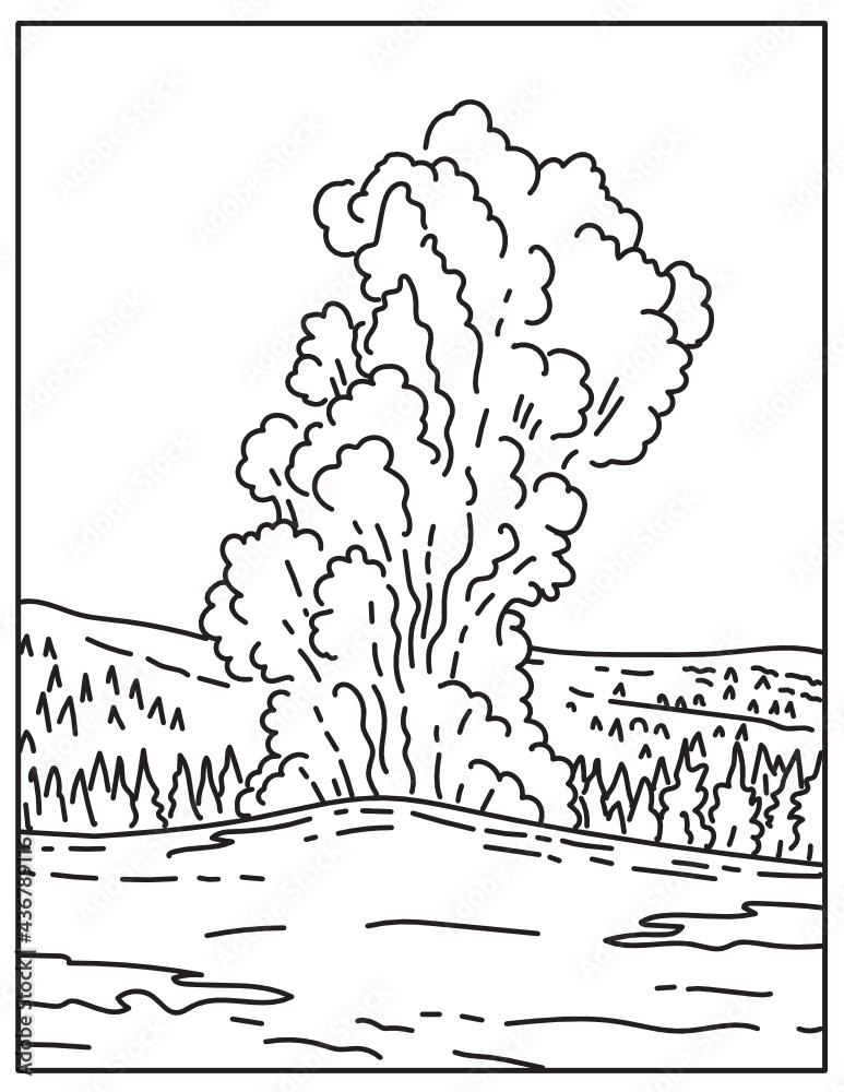 Mono line illustration of cone geyser called old faithful located in yellowstone national park in wyoming united states of america done in retro black and white monoline line art style vector