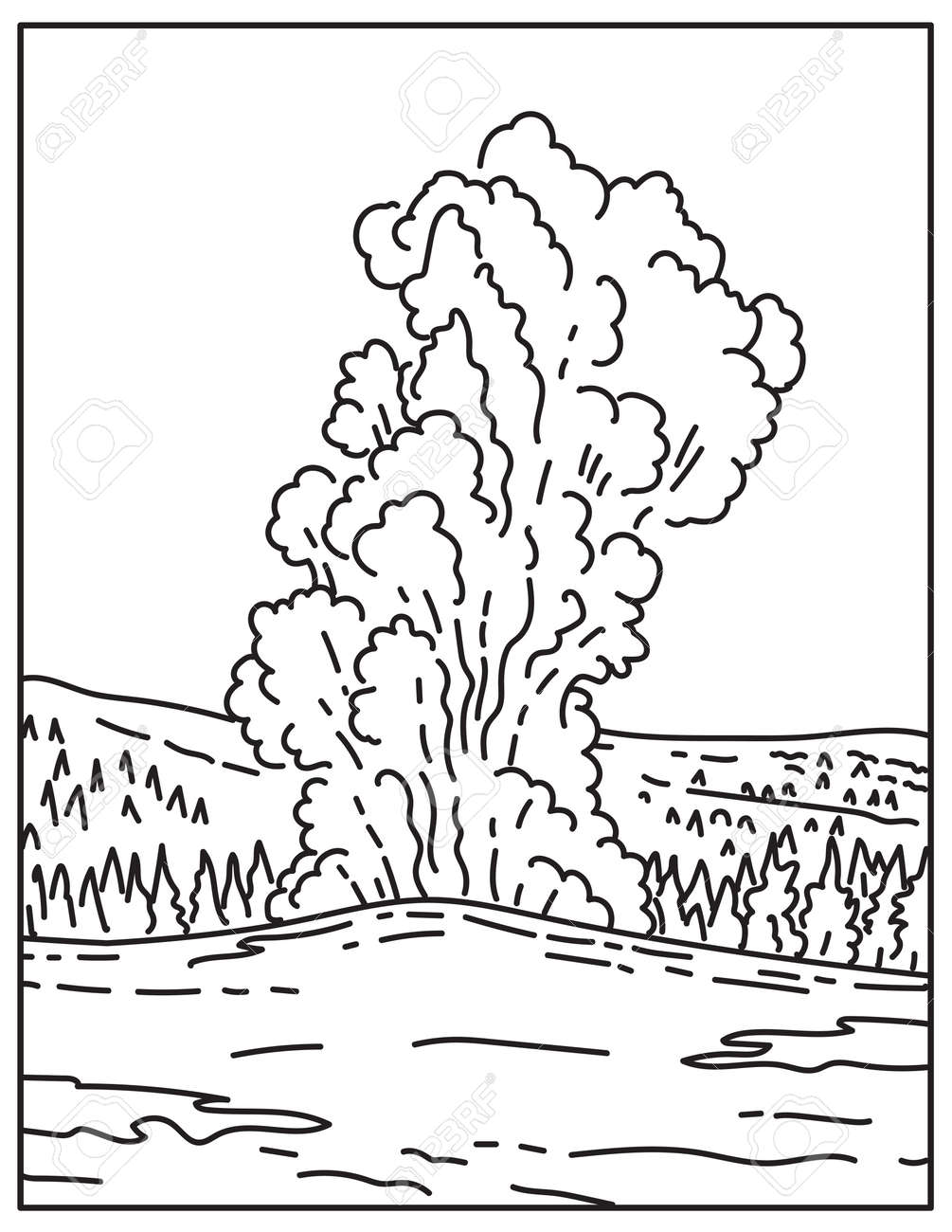 Mono line illustration of cone geyser called old faithful located in yellowstone national park in wyoming united states of america done in retro black and white monoline line art style royalty free