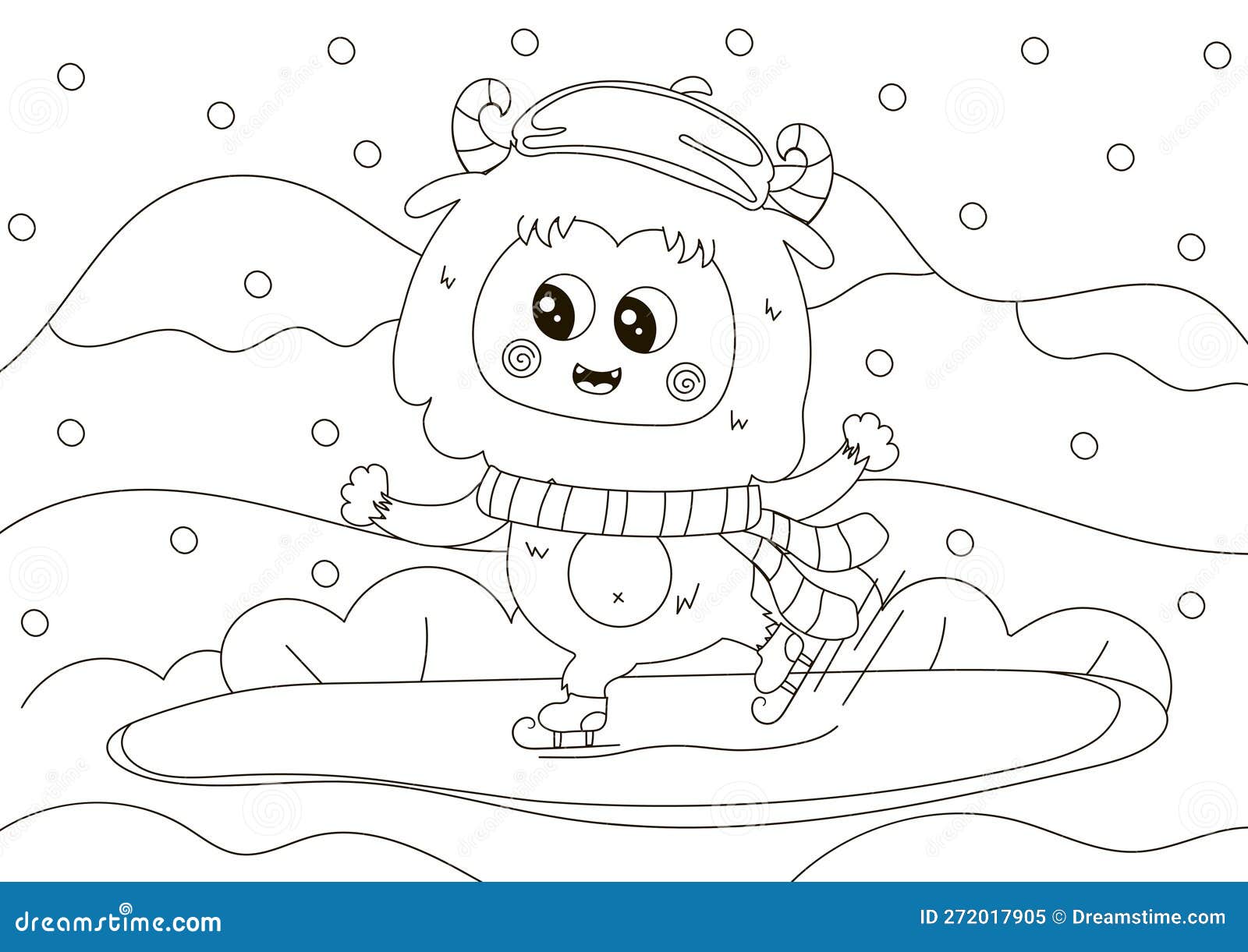Funny coloring page with cute yeti character ice skating stock vector