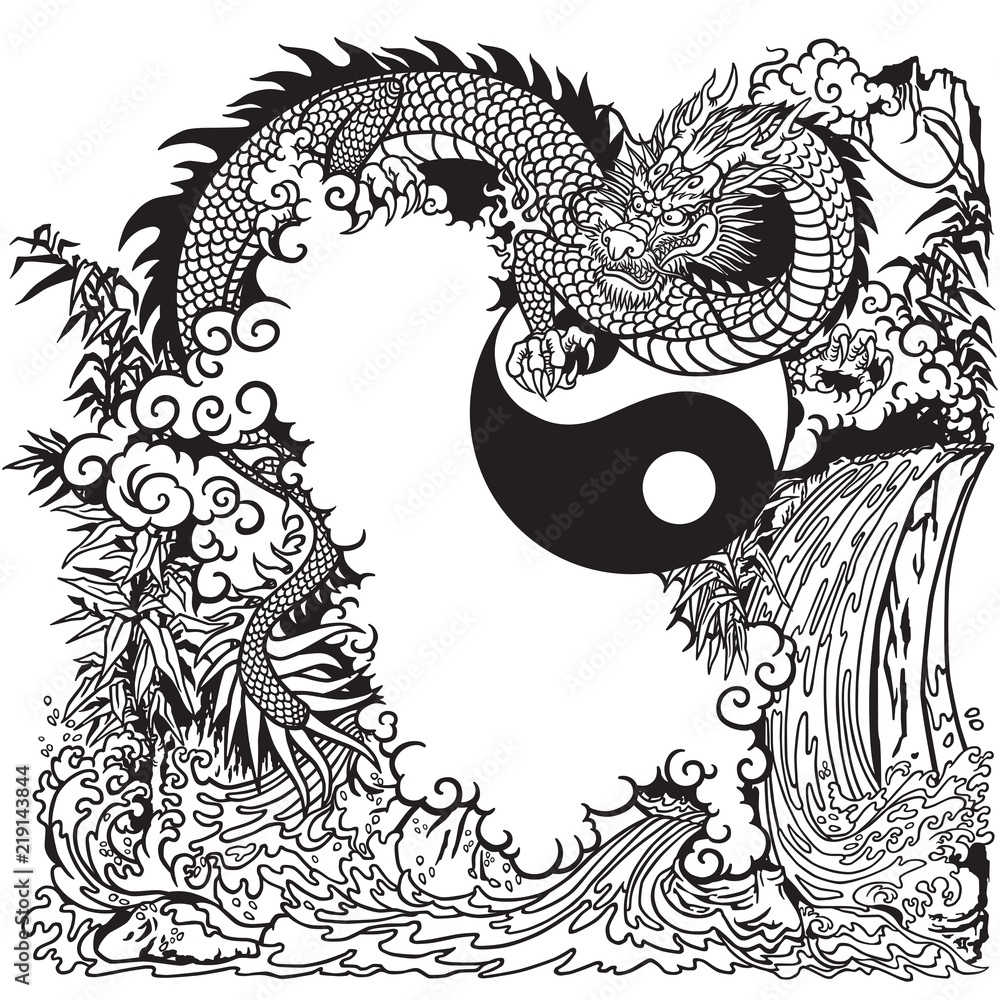 Chinese dragon in a landscape with waterfall rocks plants and clouds vector illustration included yin yang symbol black and white coloring page vector