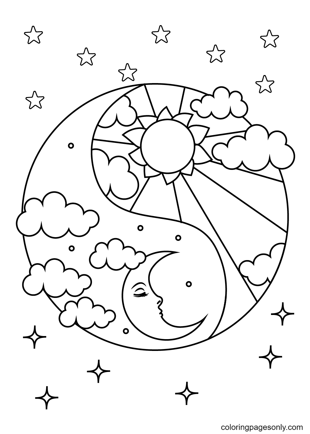 The sun and moon inside the yin and yang symbol coloring page