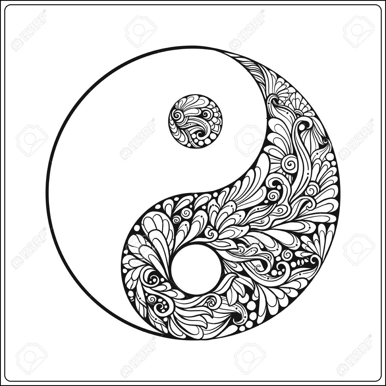Symbol of yin and yang in gold on black background coloring book for adult outline drawing coloring page royalty free svg cliparts vectors and stock illustration image