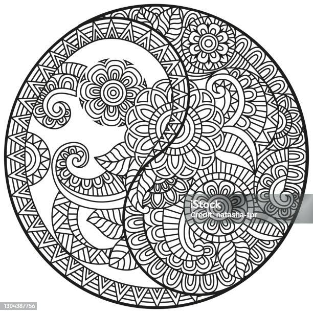 Vector yinyang symbol coloring book for adult in oriental style with flowers and ethnic floral ornaments circular mandala pattern for henna mehndi tattoo decoration decorative ornament stock illustration