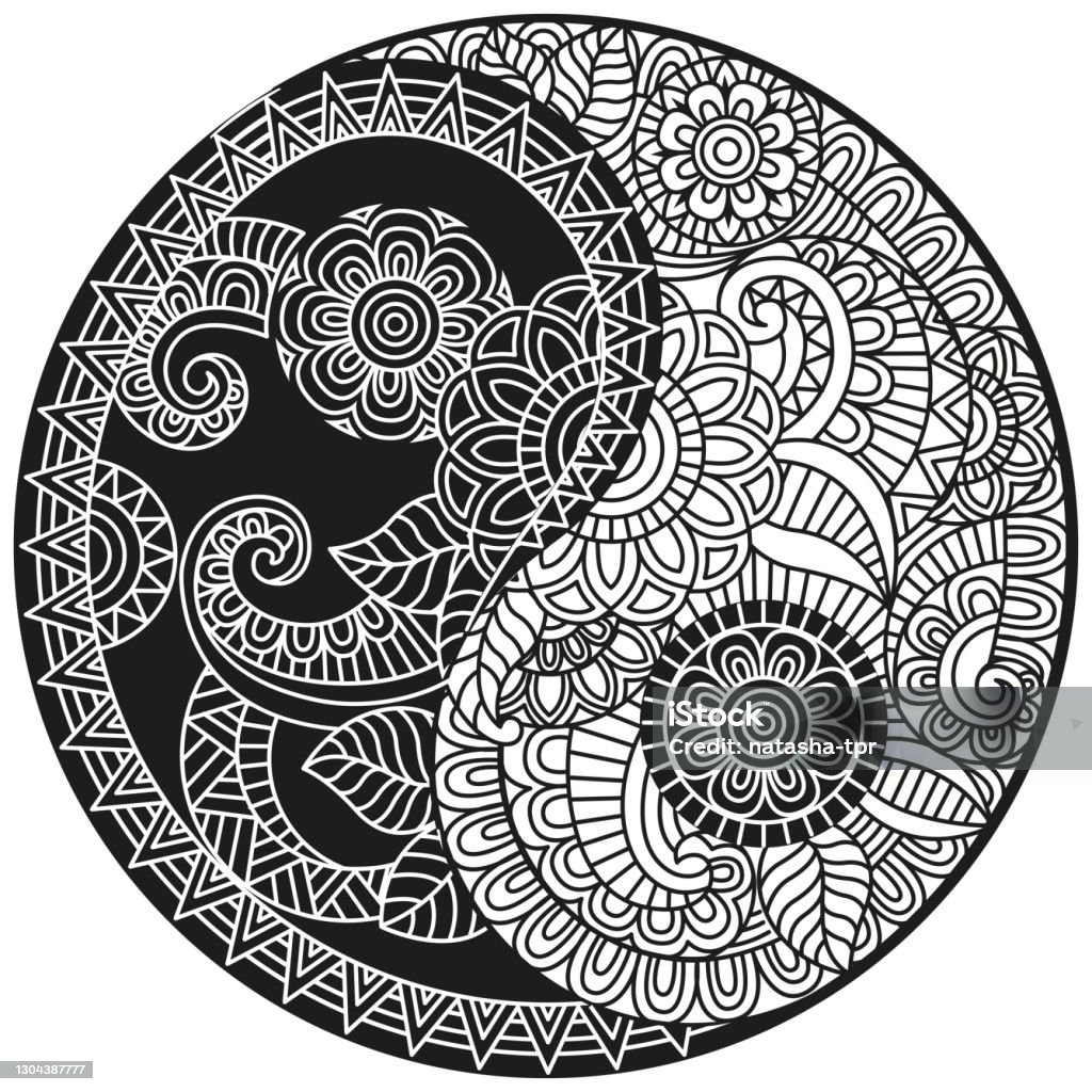 Vector yinyang symbol coloring book for adult in oriental style with flowers and ethnic floral ornaments circular mandala pattern for henna mehndi tattoo decoration decorative ornament stock illustration
