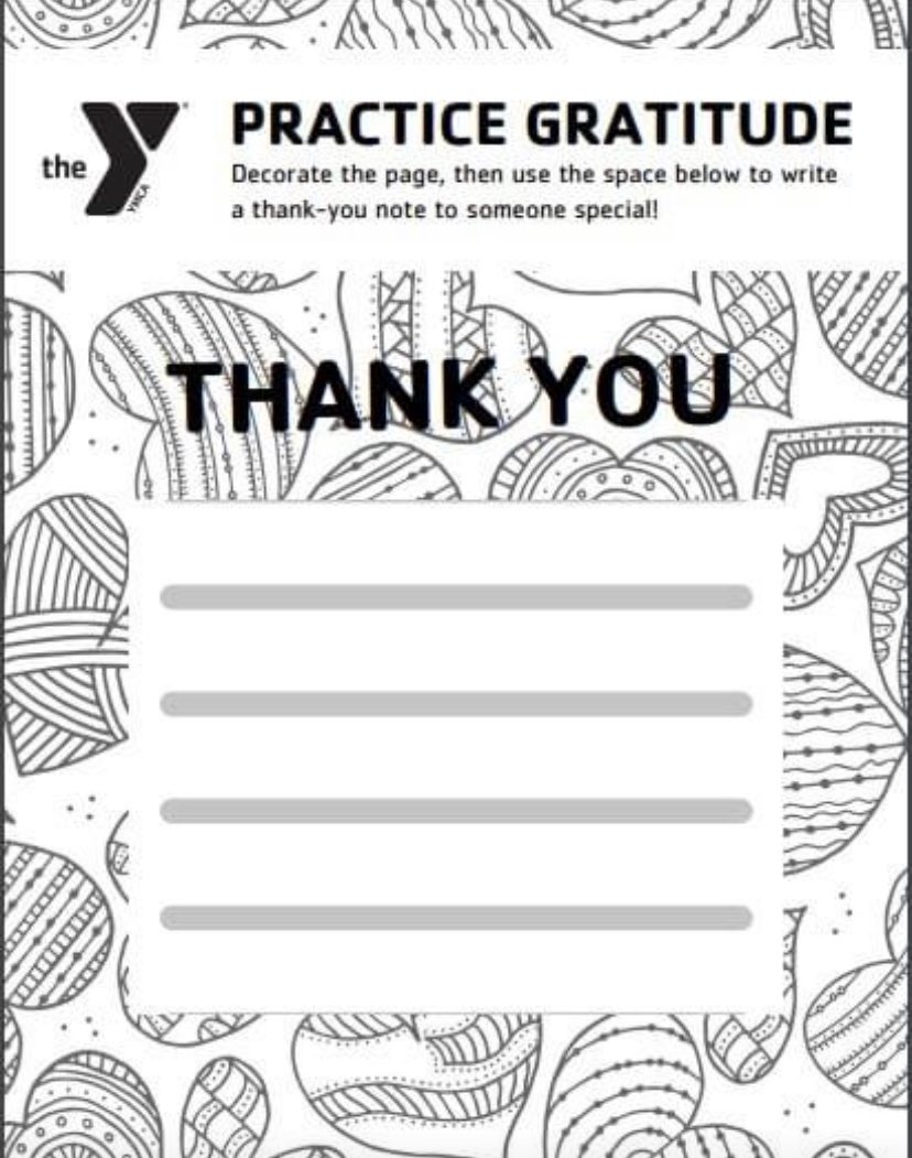 Ymca of greenville on x thankful thursday activities color and write a thank you card and color someone you are thankful for workout word of the day thankful theme