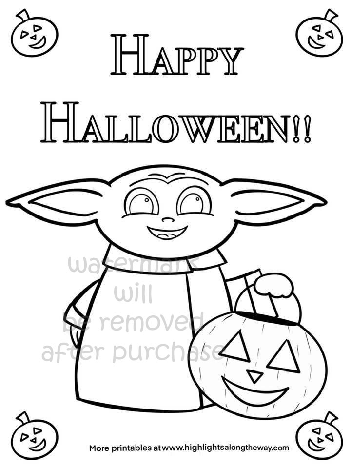 Baby yoda printable halloween trick or treat coloring sheet