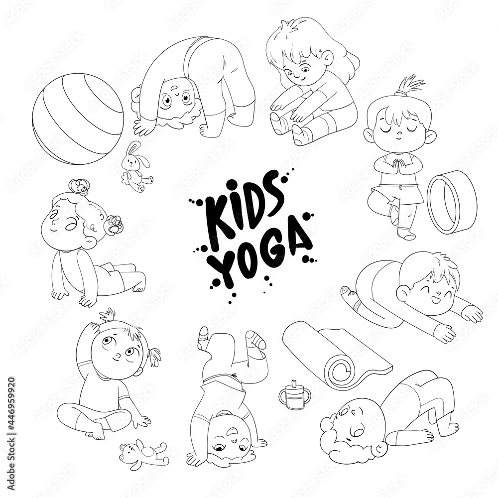 Kids yoga funny cartoon character vector illustration coloring book vector