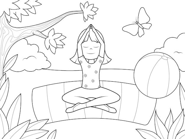 Premium vector girl is doing yoga in nature page outline of cartoon vector illustration coloring book for kids