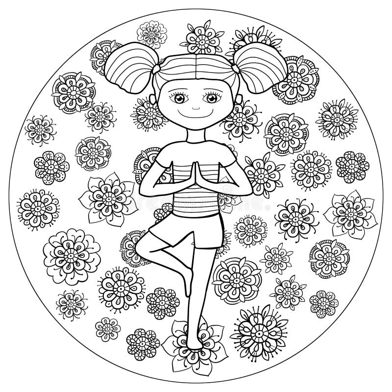 Adult coloring page young girl in tree yoga pose stock vector