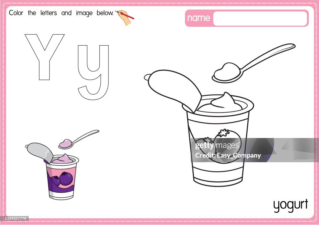 Vector illustration of kids alphabet coloring book page with outlined clip art to color letter y for yogurt high
