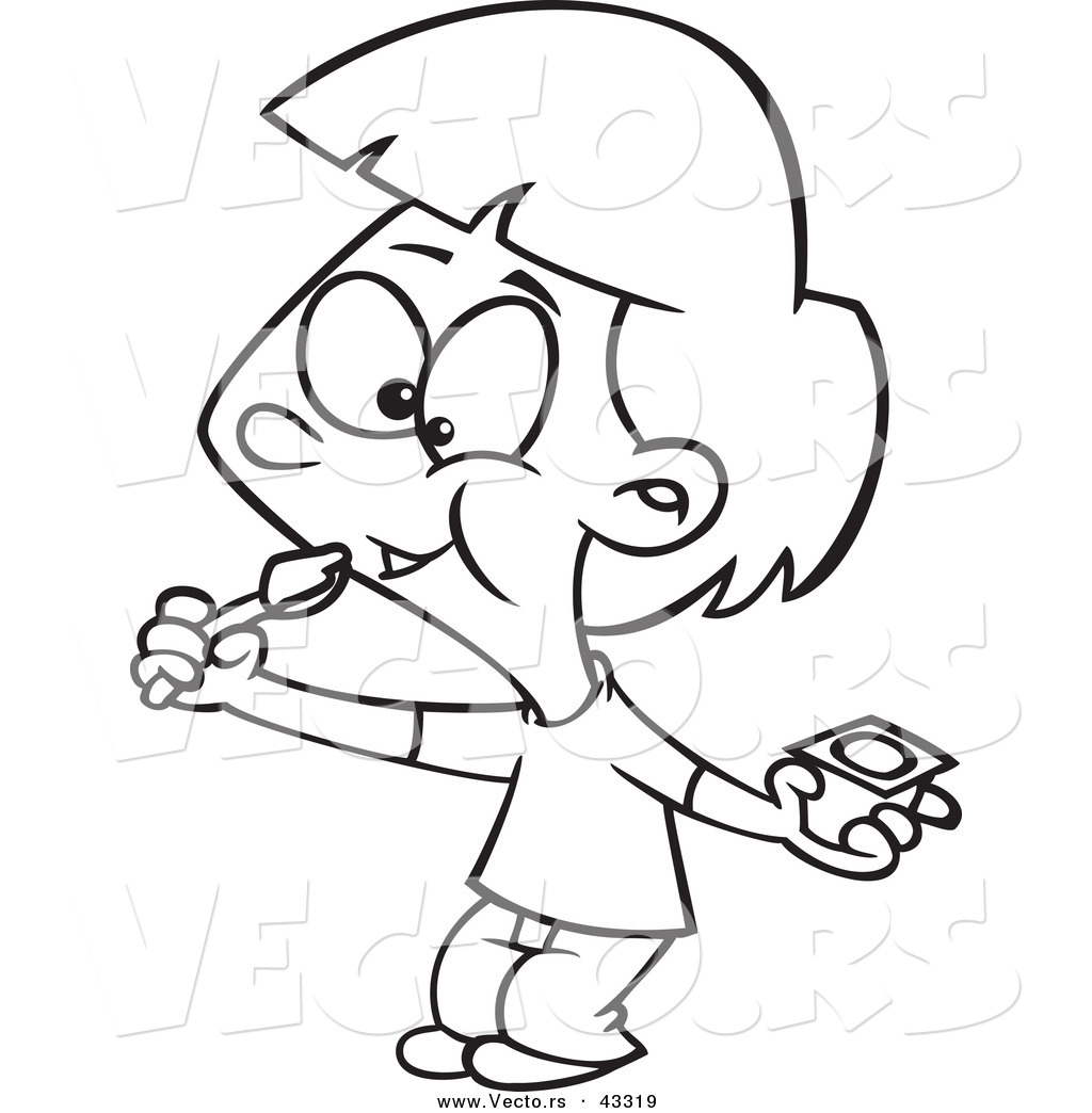 R of a happy cartoon girl eating yogurt