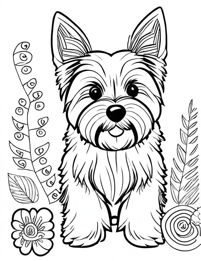 Kawaii style coloring page of a cute adorable yorkshire terrier dog sat