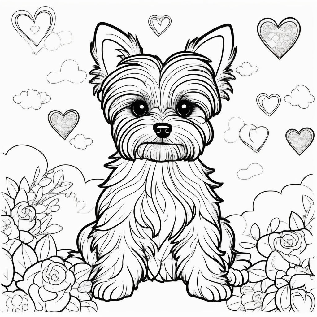 Kawaii style coloring page of a cute adorable yorkshire terrier dog sat
