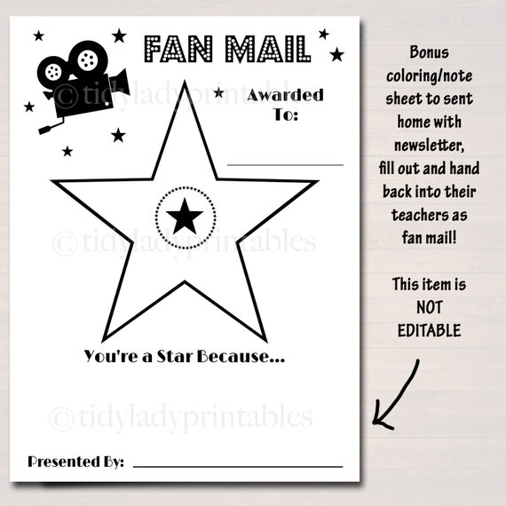 Hollywood teacher appreciation staff printable fan mail student appreciation week worksheet take home coloring page flyer instant download