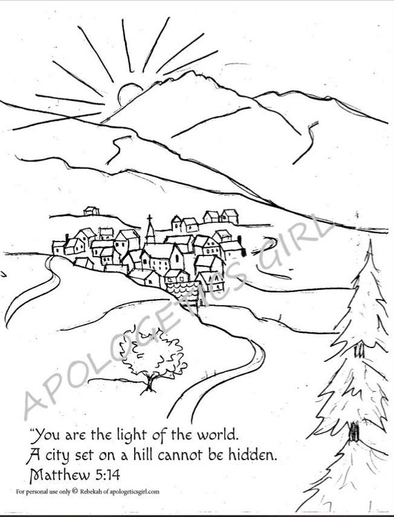 Coloring page printable instant download village city on a hill bible verse scripture