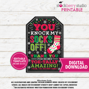 Christmas sock gift tag mani ped label thank you toe