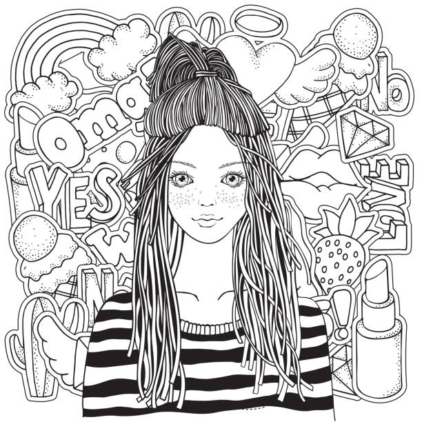 Cool yong girl in a striped sweater coloring book page for adult with fashion patch badges in cartoon doodle style black and white stock illustration