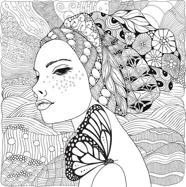Young beautiful woman and butterfly beach facing out to sea black and white doodle coloring book page for adult and children stock illustration