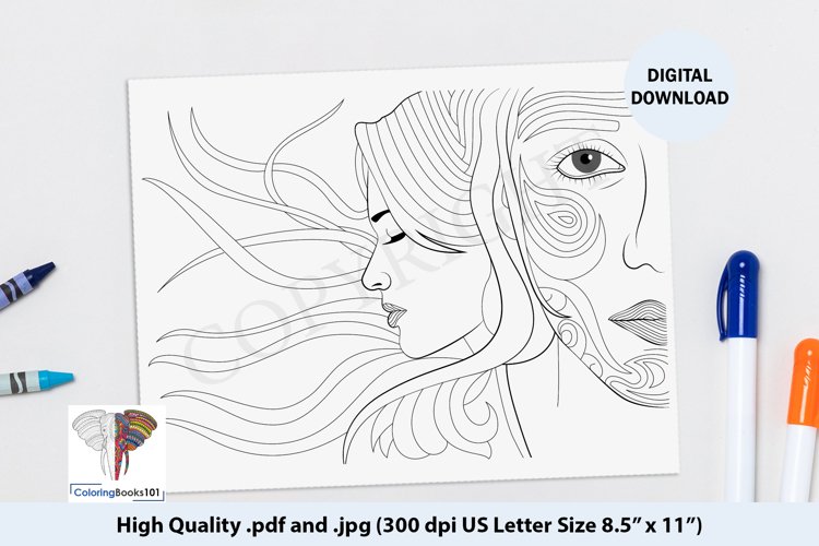 Sketch of the young girls face adult coloring page
