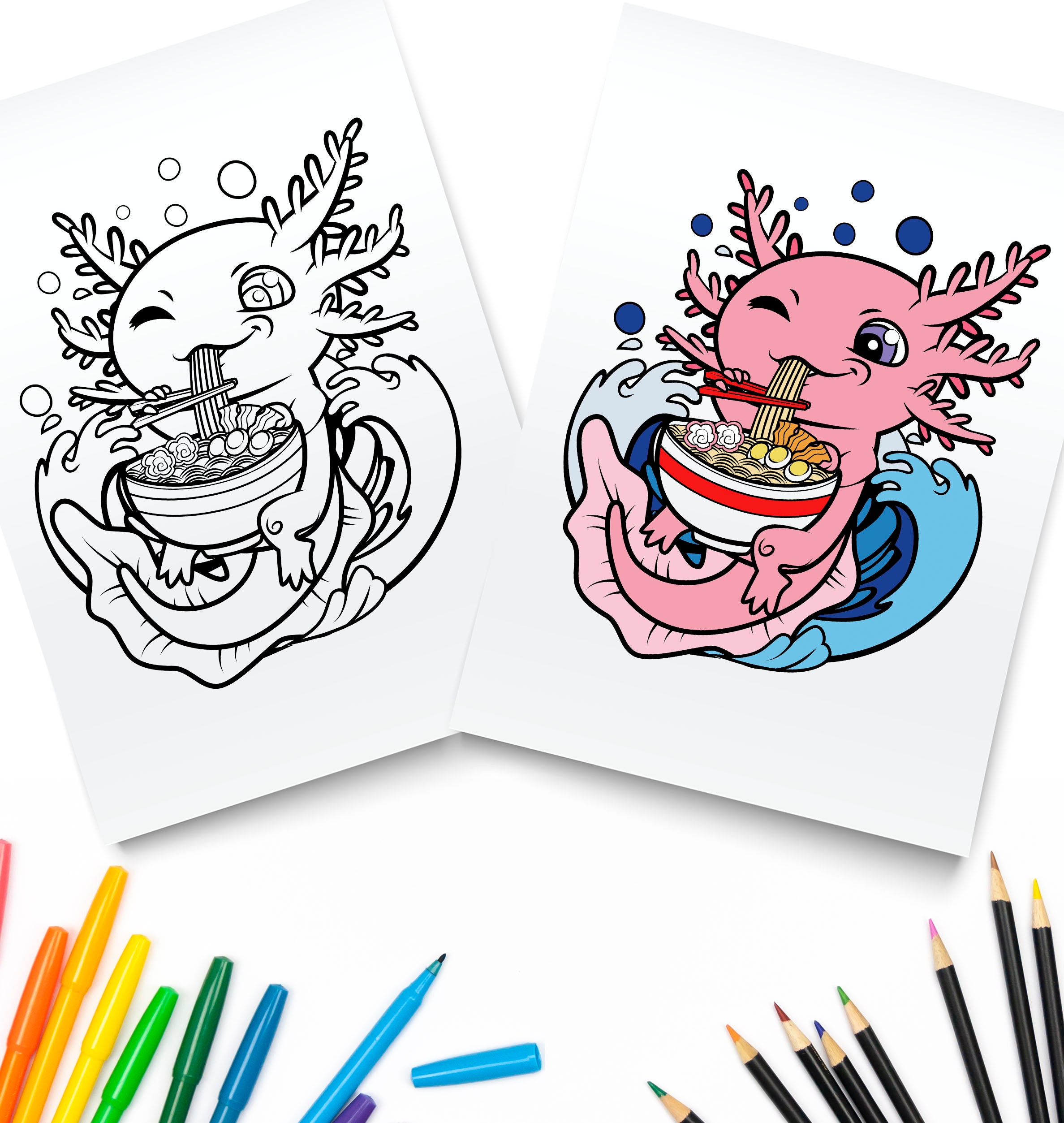 Cute axolotl ramen coloring page digital download axolotls kawaii kids axolotls printable