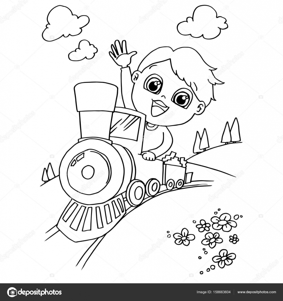 Little boy driving a toy train coloring page vector stock vector by attaphongw