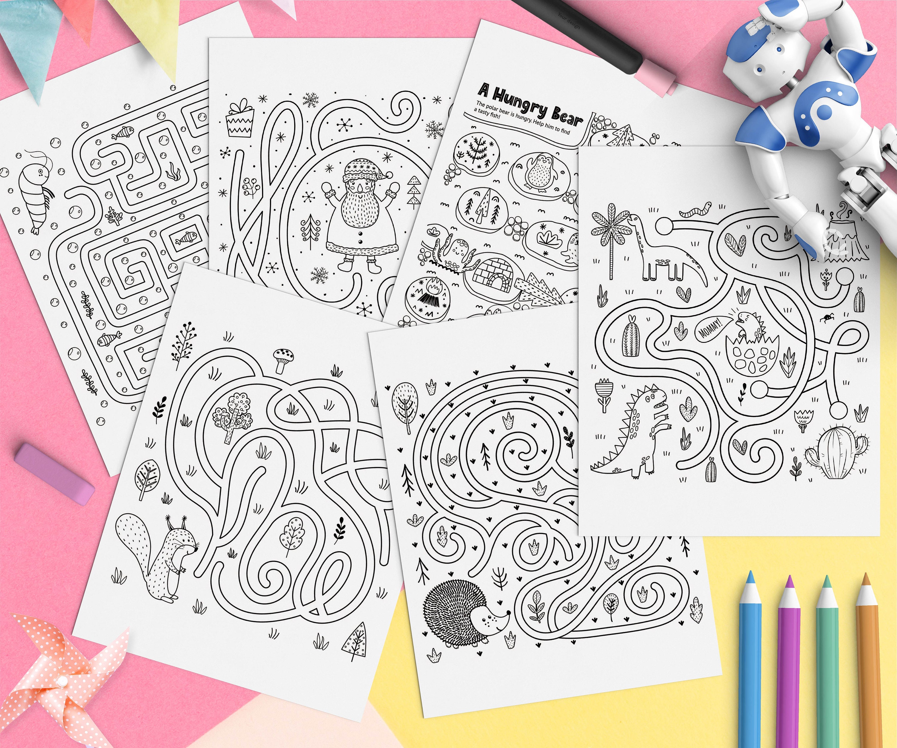 Printable maze labyrinth pdf coloring pages for kids busy book quiet book puzzle game with cute dinos activity for toddlers