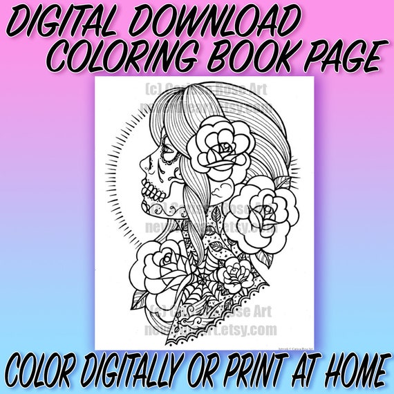Digital download print your own coloring book outline page sugar skull girl tattoo flash by carissa rose