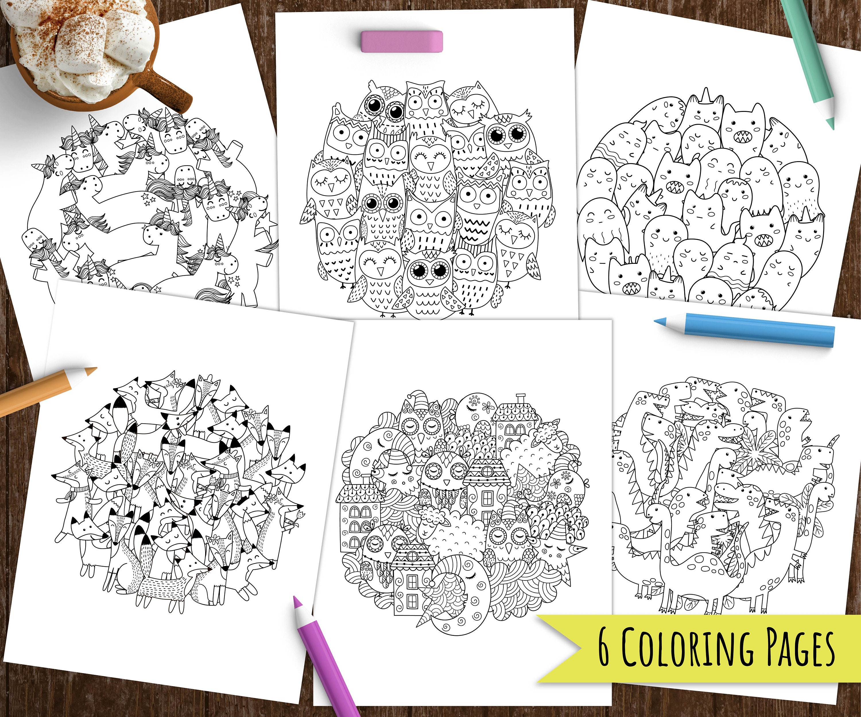 Printable coloring pages with doodle animals pdf adult and kids colouring book fun activities stress relief digital download
