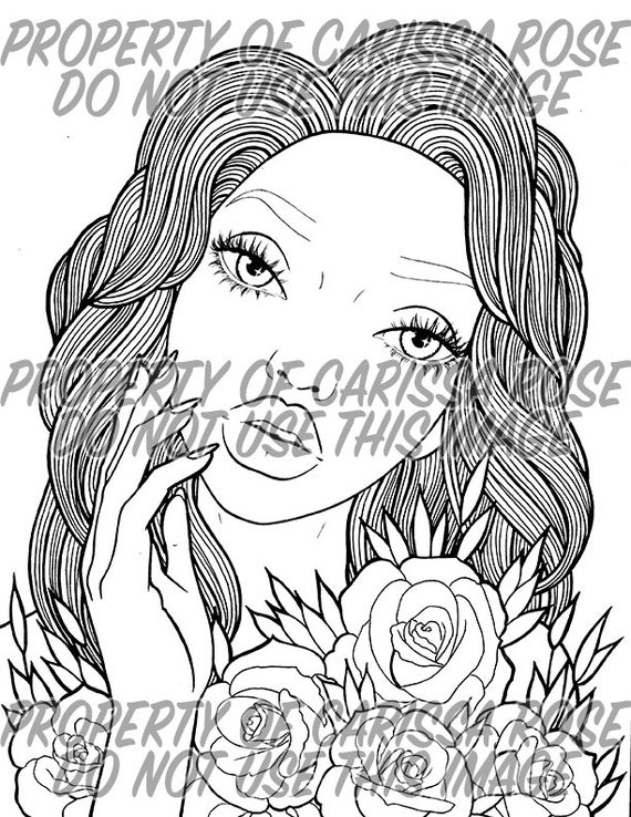 Digital download print your own coloring book outline page lowbrow tattoo portrait girl with roses illustration for coloring