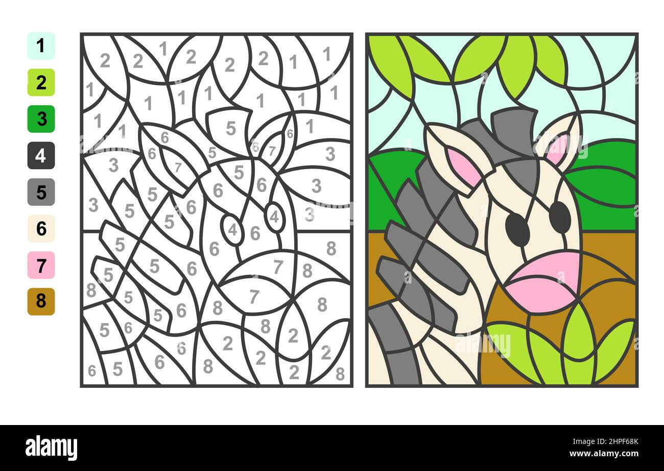 Color by numbers zebra animal puzzle game for children education drawing and learning mathematics stock vector image art