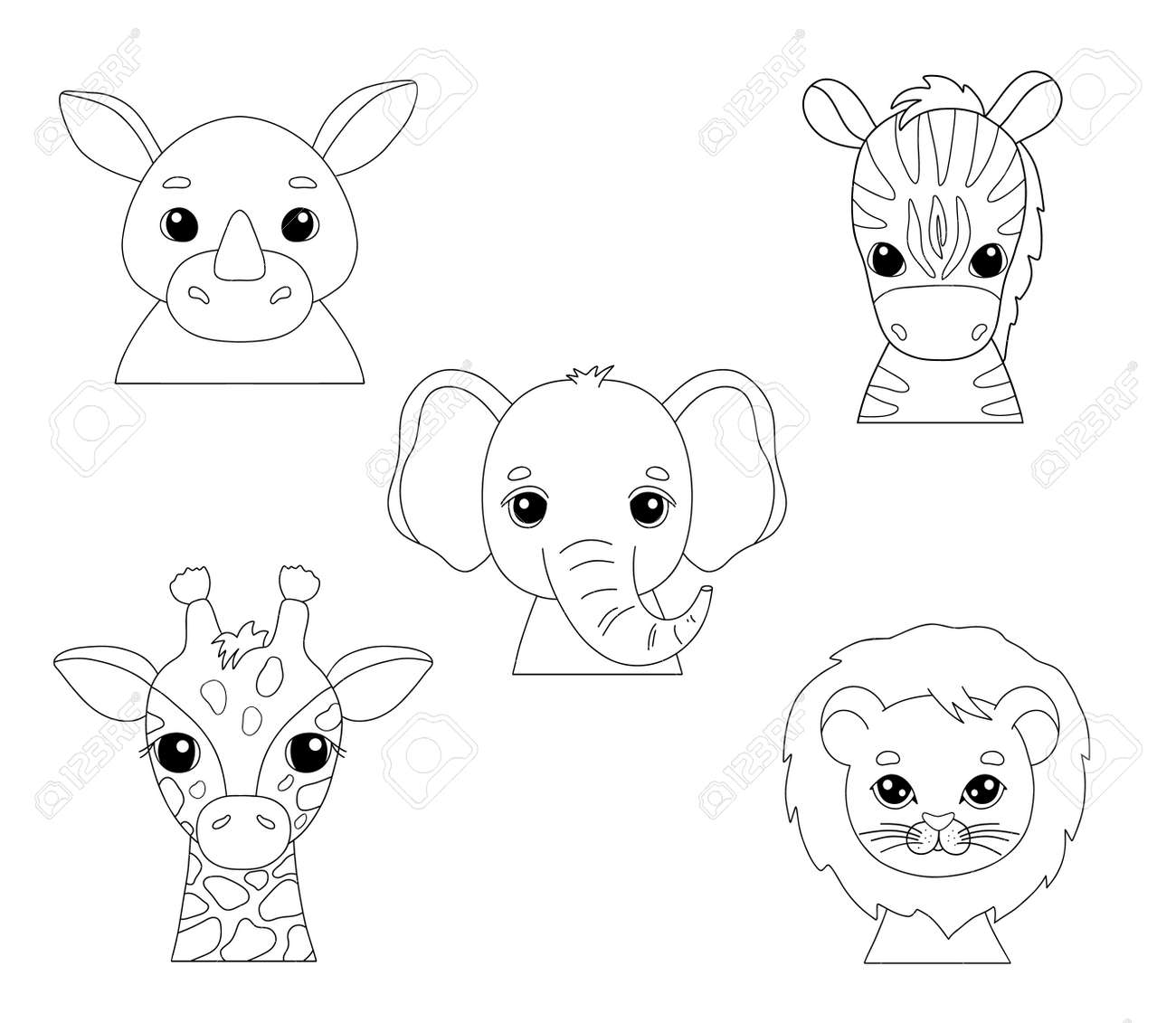 Cute portraits cheetah giraffe elephant and zebra in outline style drawing african baby wild cat face isolated on white background drawing for card and coloring page jungle animal royalty free svg cliparts