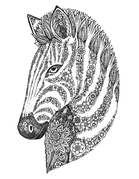 Premium vector hand drawn graphic ornate zebra head with ethnic floral doodle pattern illustration for coloring book tattoo print on t