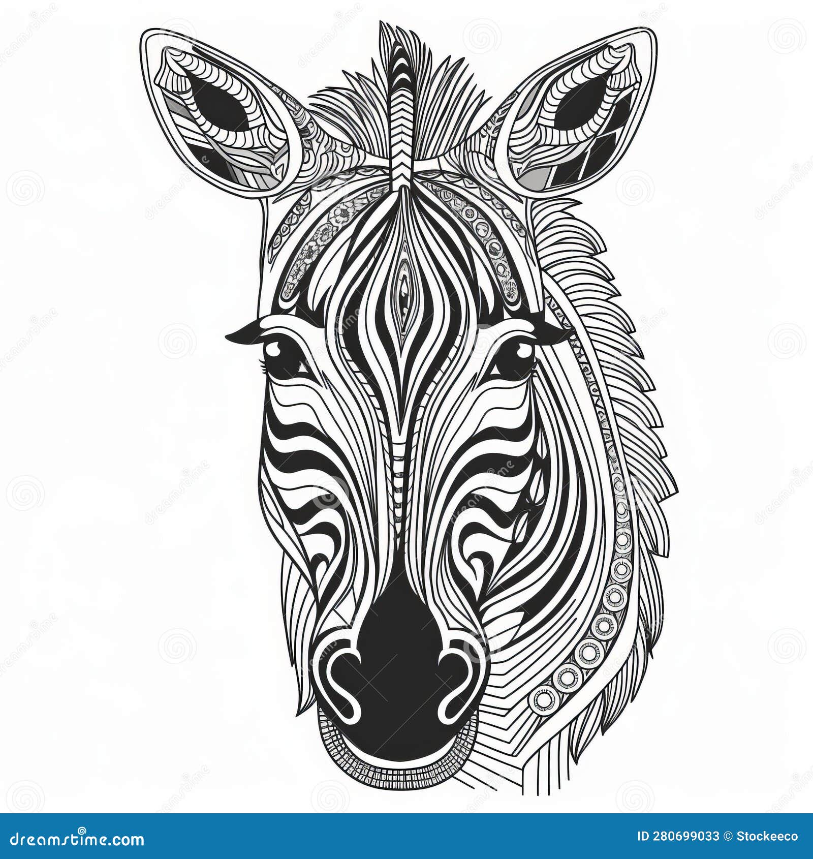 Elegant zebra head coloring page with intricate embellishments stock illustration