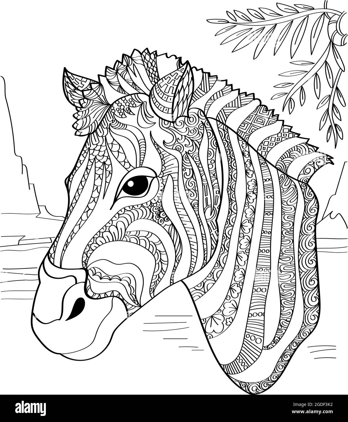 Zebra head facing sideward with leaves above colorless line drawing horse with stripe pattern side side facing coloring book page stock vector image art
