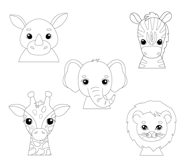 Premium vector cute portraits cheetah giraffe elephant and zebra in outline style drawing african baby wild cat face isolated on white background drawing for kids card and coloring page jungle animal