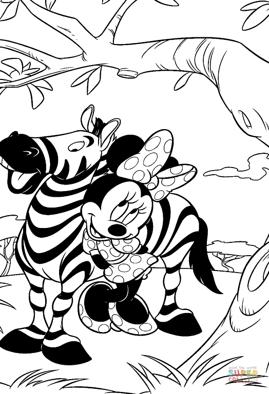 Minnie mouse with zebra coloring page free printable coloring pages