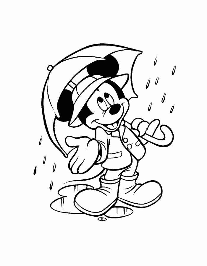 Mickey mouse in winter with an umbrella coloring page