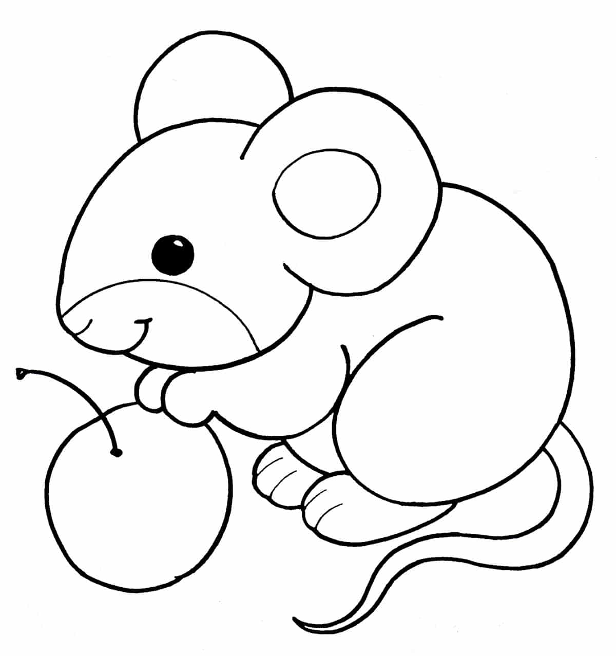 A simple drawing of a small mouse with a cherry coloring page